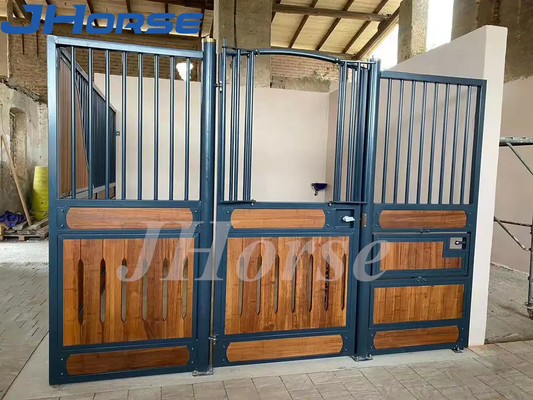 Bamboo Pine Internal Black Powder Coated Metal Horse Stable Stall With Swing Door